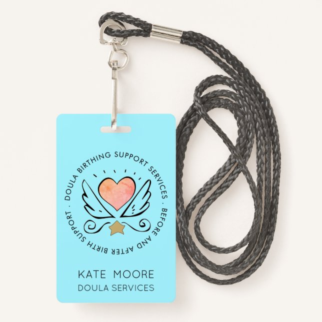 Badge Doula Ou Coeur De Mini-Femme Avec Nom D'Ailes (Devant avec lanière)