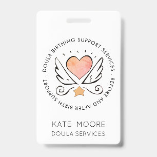 Badge Doula ou Sage-Femme Cœur Avec Ailes Nom Blanc