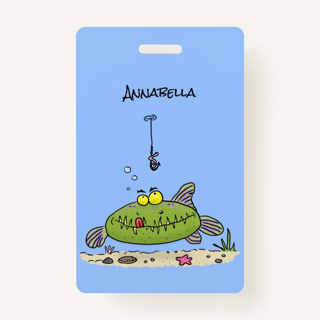 Badge Drôle gras affamé poisson vert dessin de pêche (Devant)
