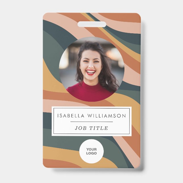 Badge Earthy Retro Wavy Lines Code photo de l'employé (Front)