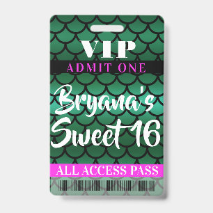 Badge Écaille de Sirène Verte Passe VIP Fête Douce 16 an