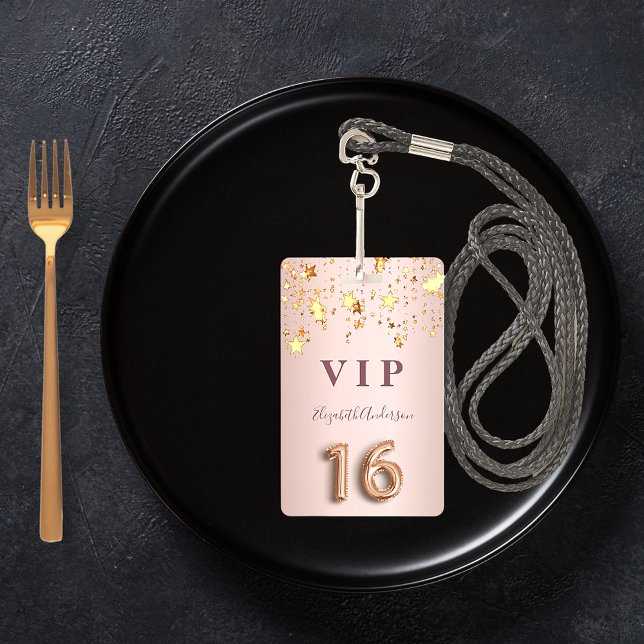 Badge Écriture de ballon rose or rose étoiles 16e annive (Créateur téléchargé)