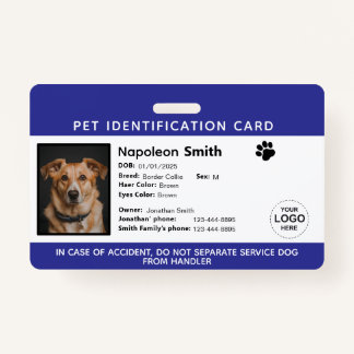Badge Editable Pet ID Card ,Navy White Service Dog Logo