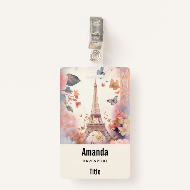 Badge Eiffel Tower Butterflies and Flowers (Devant avec clip)