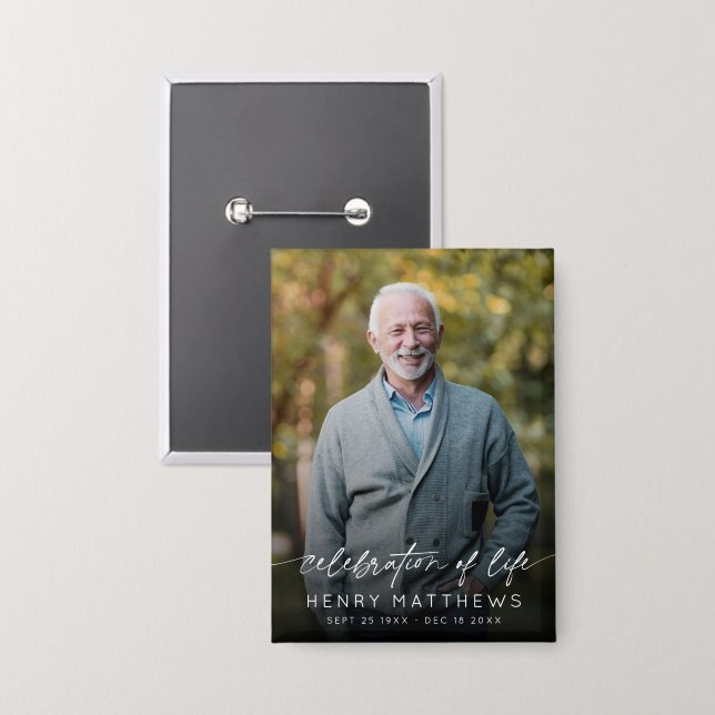 Badge Elegant Celebration of Life Script Photo Funeral  (Recto/Verso)