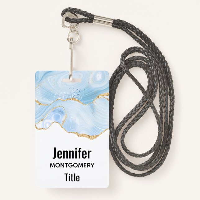 Badge Élégant Cool Bleu Agate avec ruban Parties scintil (Devant avec lanière)