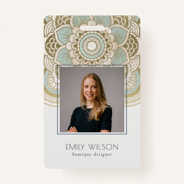 Badge Elégant Ornate Gold Foil Turquoise Mandala Photo (Devant)