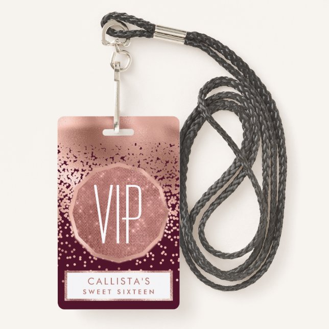 Badge Élégant Rose Bourgogne Gold Polka Dot Gradient (Devant avec lanière)