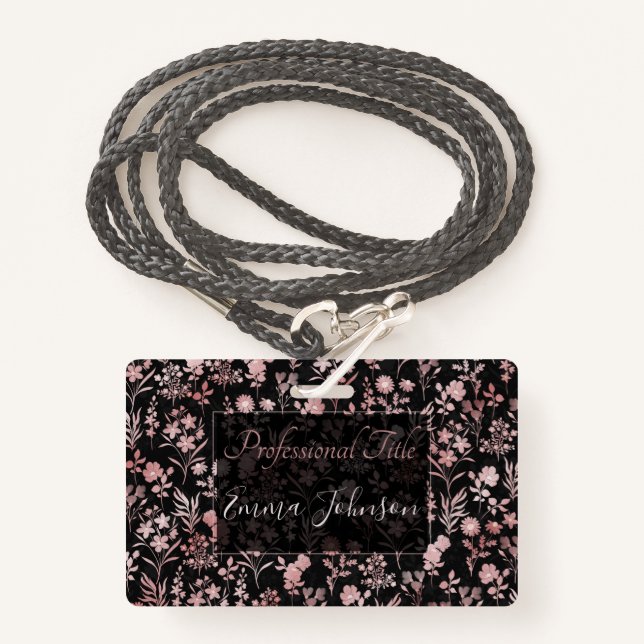 Badge Élégante Rose Fleurs d'or Noir Botanique (Devant avec lanière)