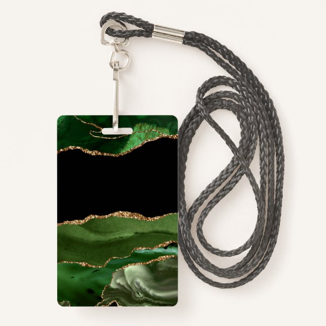 Badge Émeraude Vert Marbré Agate Pierre contemporaine (Devant avec lanière)