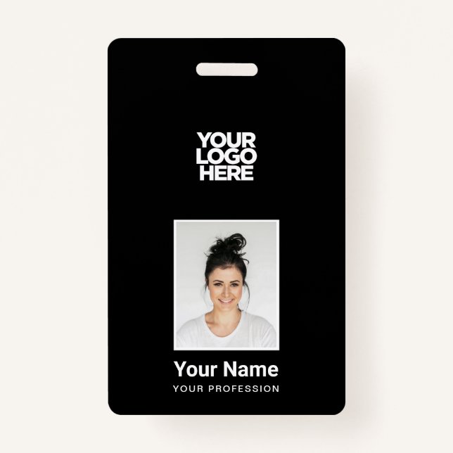Badge Employé noir - Photo, Code-barres, Grand logo, Nom (Devant)