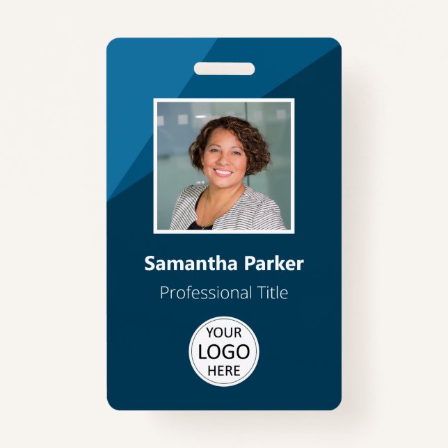 Badge Employé personnalisé bleu - ID photo, logo, code b (Devant)