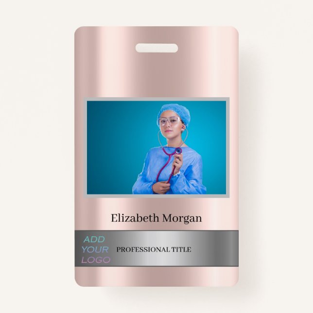 Badge Employé Photo Rose Gold Ajouter votre logo (Devant)