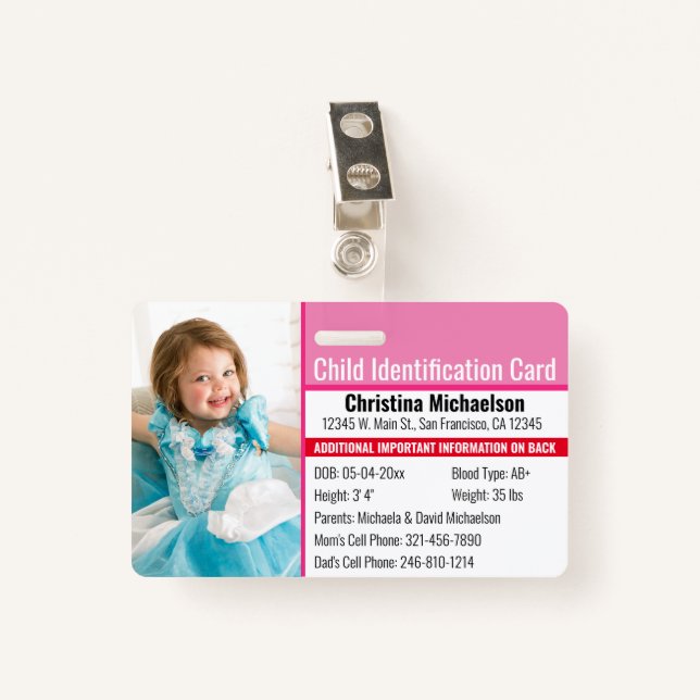 Badge Enfant ID Photo Allergie Médicale d'urgence (Devant avec clip)