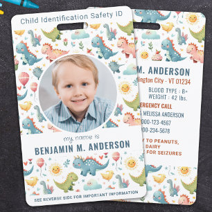 Badge Enfant Mignon ID Enfant Personnalisé Photo Dinosau