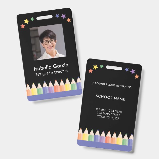 Badge enseignant École Nom Coloré (Avant & arrière)