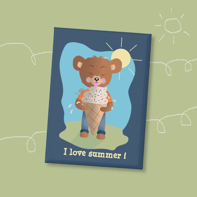 Badge Épinglette rectangulaire Ours mangeant de la glace (Brown bear eating an ice cream cone summer blue rectangular button .)