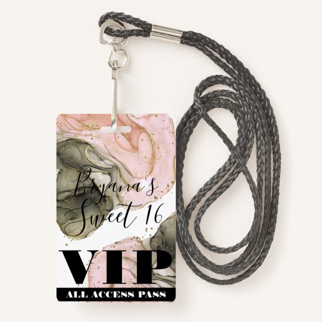 Badge Ethereal Moody Pink Black Gold VIP Party Pass (Devant avec lanière)