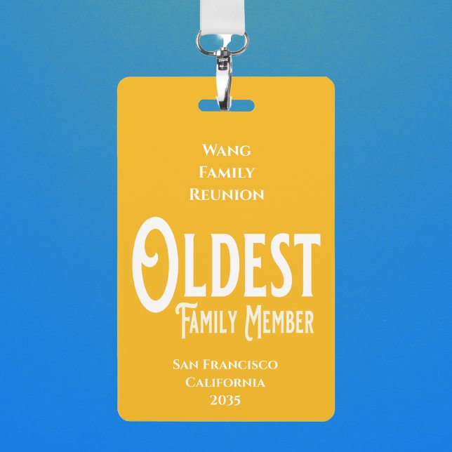 Badge Family Reunion Award Membre aîné de la famille (Family Reunion badge of honor given to the oldest family member. Prize or award for family gathering)