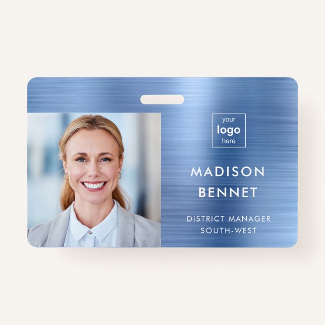 Badge Faux Blue Metallic moderne ID photo d'entreprise (Devant)