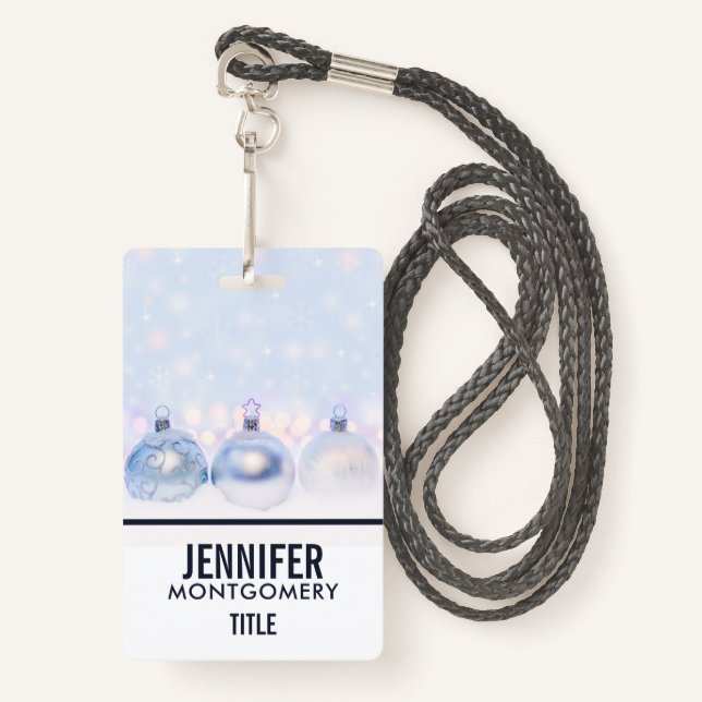 Badge Festif boules de Noël en argent sur la neige (Devant avec lanière)