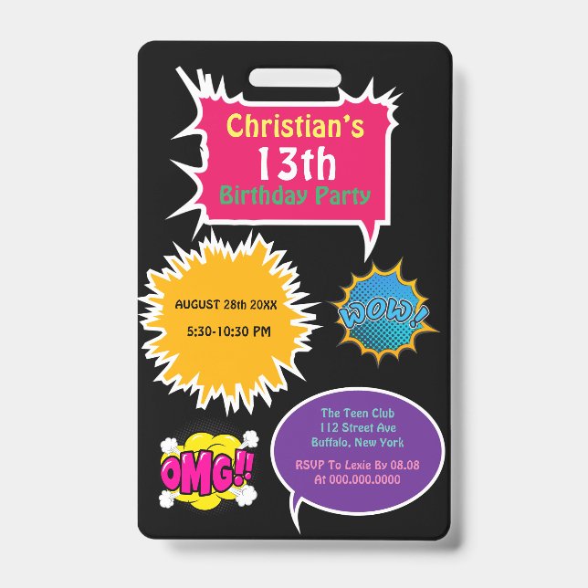 Badge Fête d'anniversaire de bande dessinée néon tendanc (Avant)