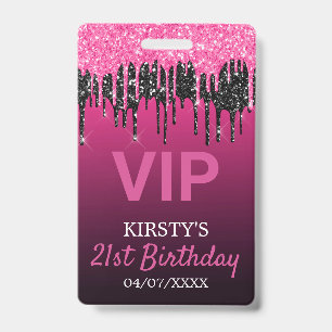 Badge Fête d'anniversaire paillettes qui coulent rose ch