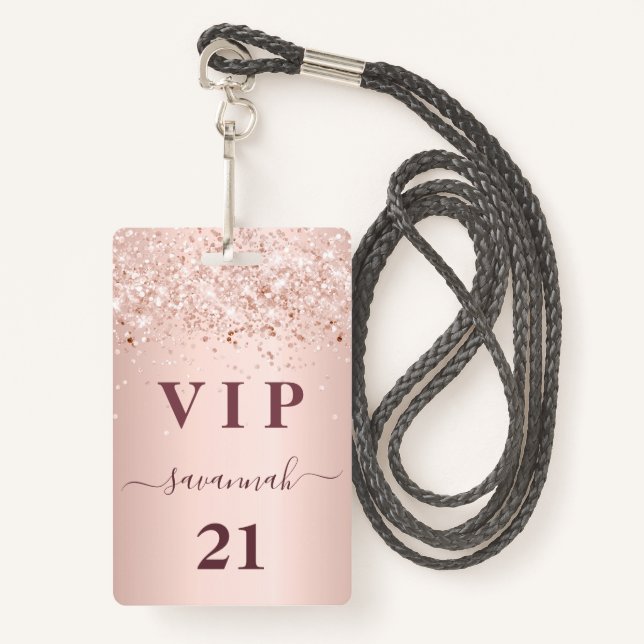 Badge Fete rose gold blush rose nom vip (Devant avec lanière)