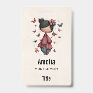 Badge Fille avec baguette magique et papillons Mignonne