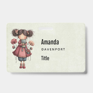 Badge Fille avec une poupée grenouille Mignonne Fantaisi