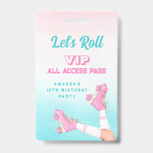 Badge Fille patin à roulettes rose et bleu Anniversaire