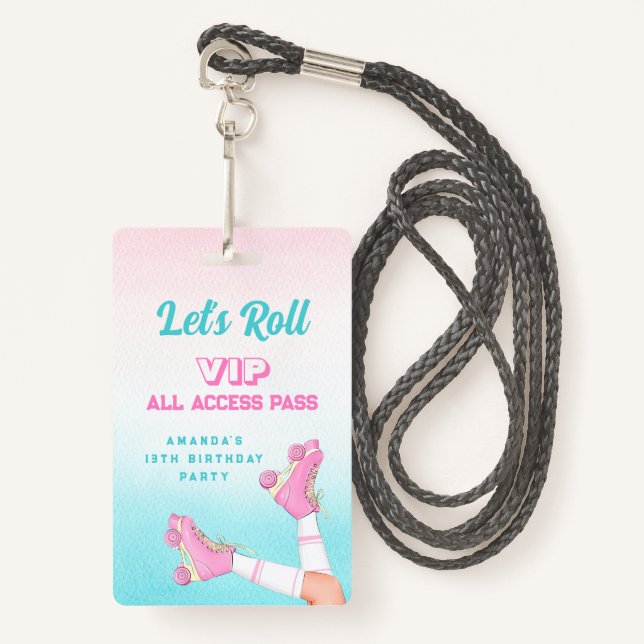 Badge Fille patin à roulettes rose et bleu Anniversaire  (Devant avec lanière)