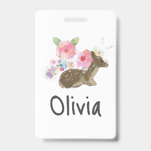 Badge Fille Personnalisée Rose Floral en Bois