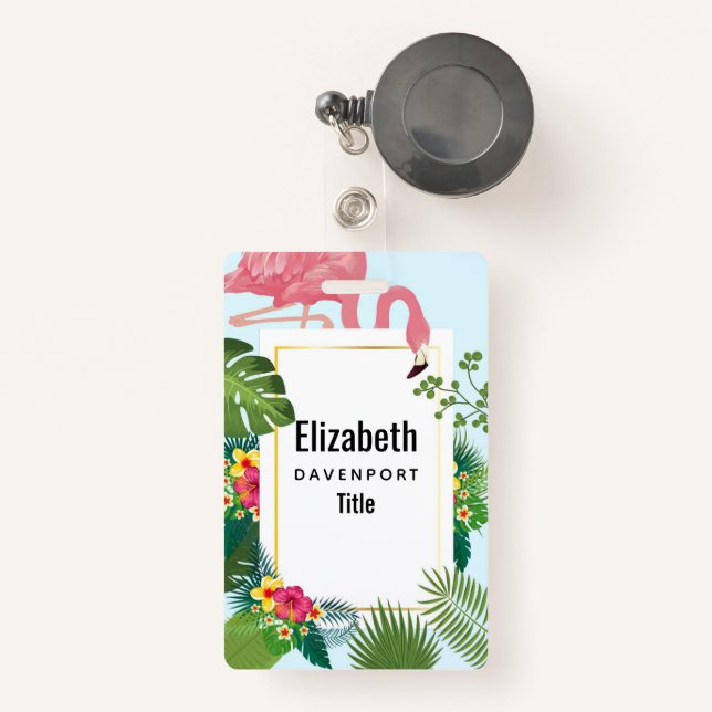 Badge Flamant rose rose élégant et Feuilles tropicaux (Front with Retractable)