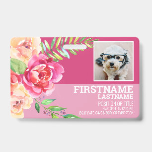 Badge Fleur aquarelle féminine Photo ID employé rose