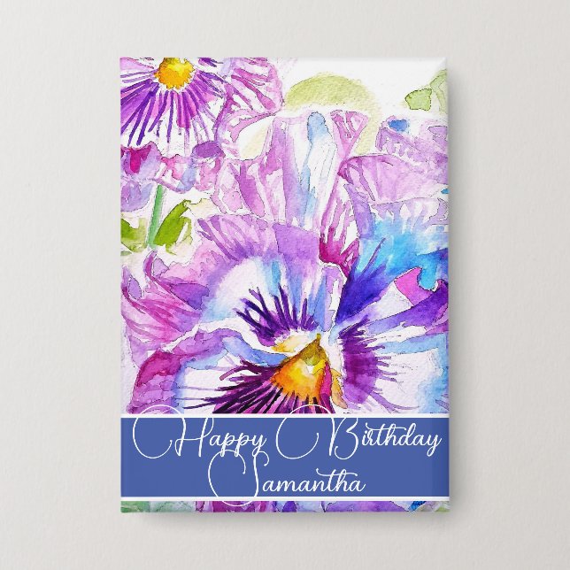 Badge Fleur de Pansy Violet Fleur Floral Femme Nom Anniv (Recto)