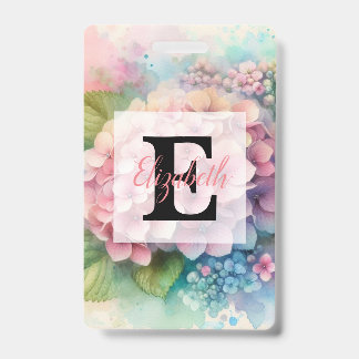Badge Floral watercolor monogram pink hydrangea 