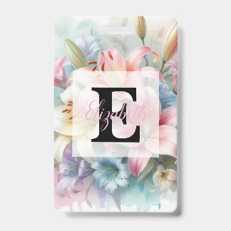 Badge Floral watercolor monogram pink lilies flowers 
