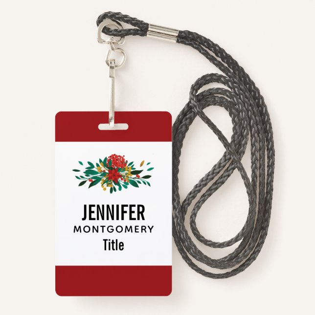 Badge Flore moderne rouge vert et or Noël (Devant avec lanière)