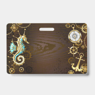 Badge Fond en bois avec hippocampe mécanique