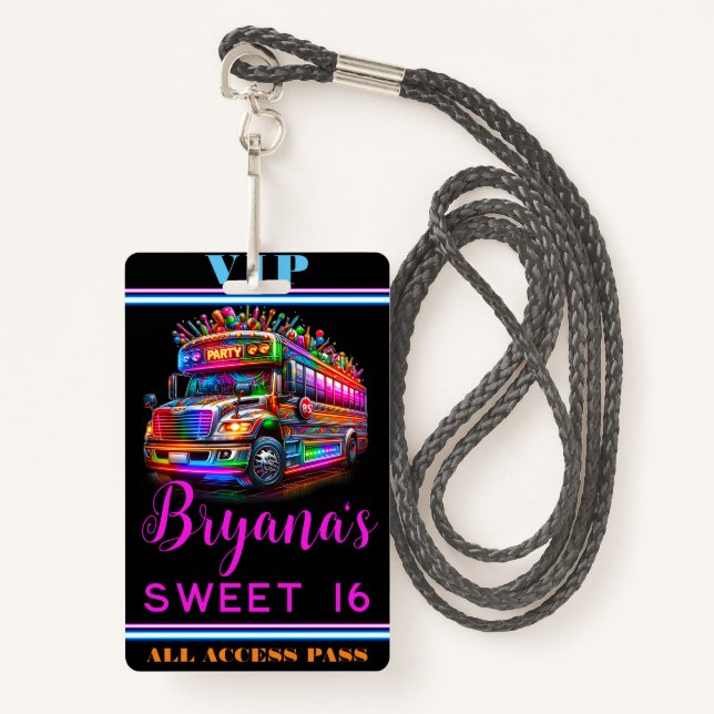 Badge Fun Party Bus brillant lumières VIP Pass (Devant avec lanière)