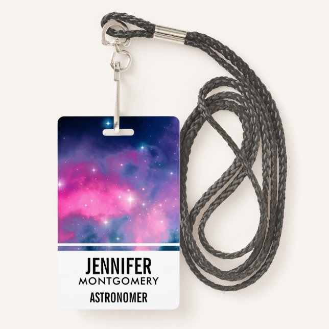 Badge Galaxie rose & bleu Nebula & étoiles Abstrait (Devant avec lanière)