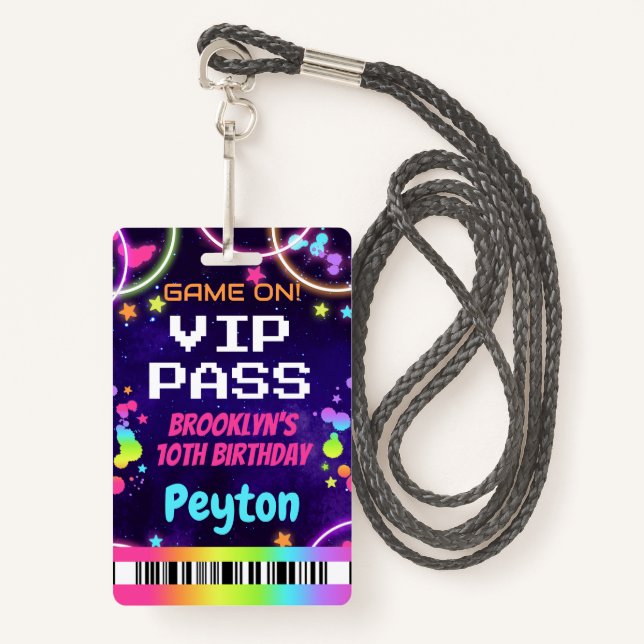 Badge Game On VIP Pass pour la Fête d'arcade pour filles (Devant avec lanière)