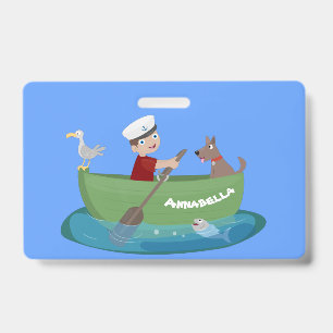 Badge Garçon marin mignon et chien faisant du bateau à r