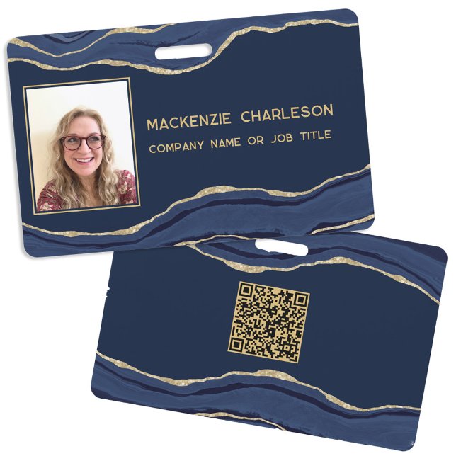 Badge Géode d'âge en marbre bleu QR Code Code photo Nom (Navy blue agate marble geode professional business photo id name QR code badge)