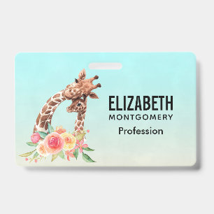 Badge Girafe Mignonne Aquarelle Mère et Bébé
