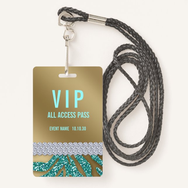 Badge Girly Turquoise Parties scintillant Femme VIP Acce (Devant avec lanière)