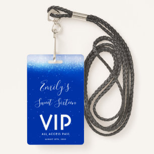 Badge Glam Royal Blue Sweet 16 Invitation Carte VIP Badg