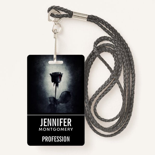 Badge Goth Rose noir goutte de sang Macabre profession (Devant avec lanière)