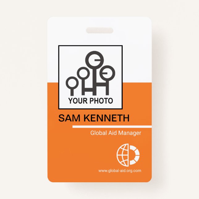Badge Gras Blanc Orange Blocks Société Employé Photo (Devant)
